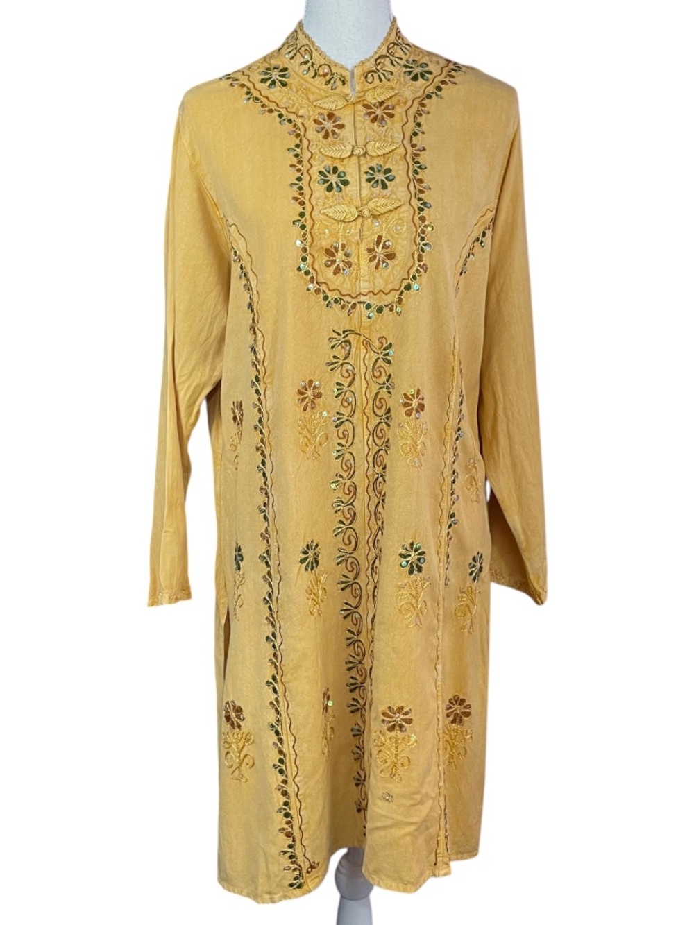 Floral Embroidered Sequin Kurta OS Rayon Mustard Yellow Long Sleeve Tunic Dress